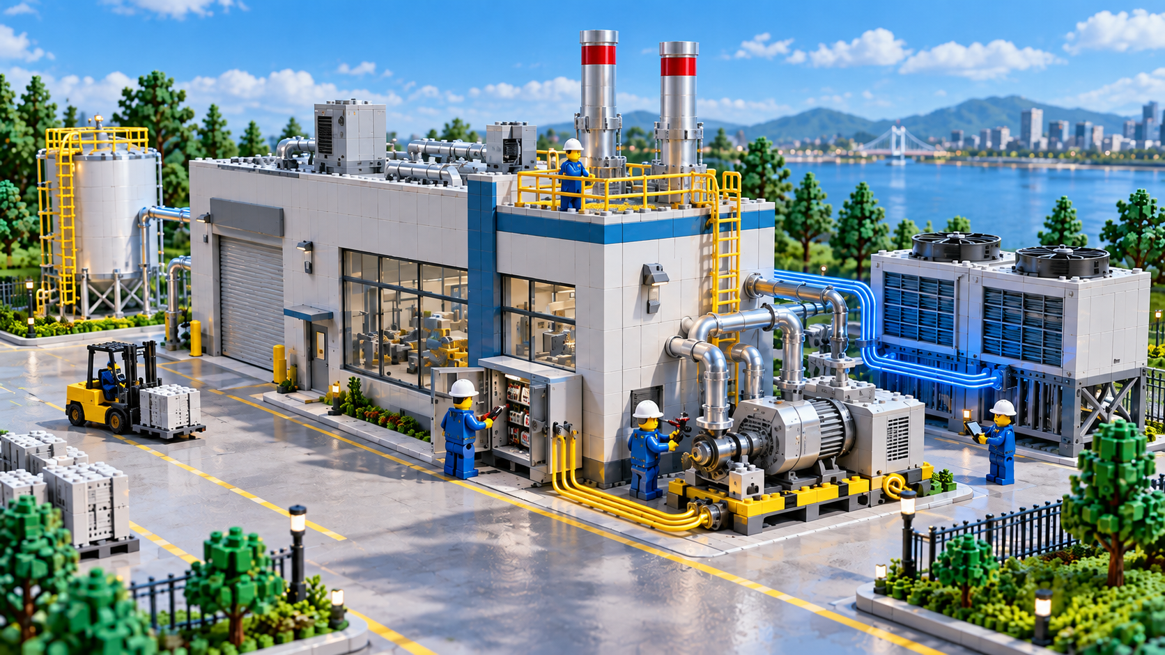 Fábrica em miniatura representando refrigeração e manutenção industrial