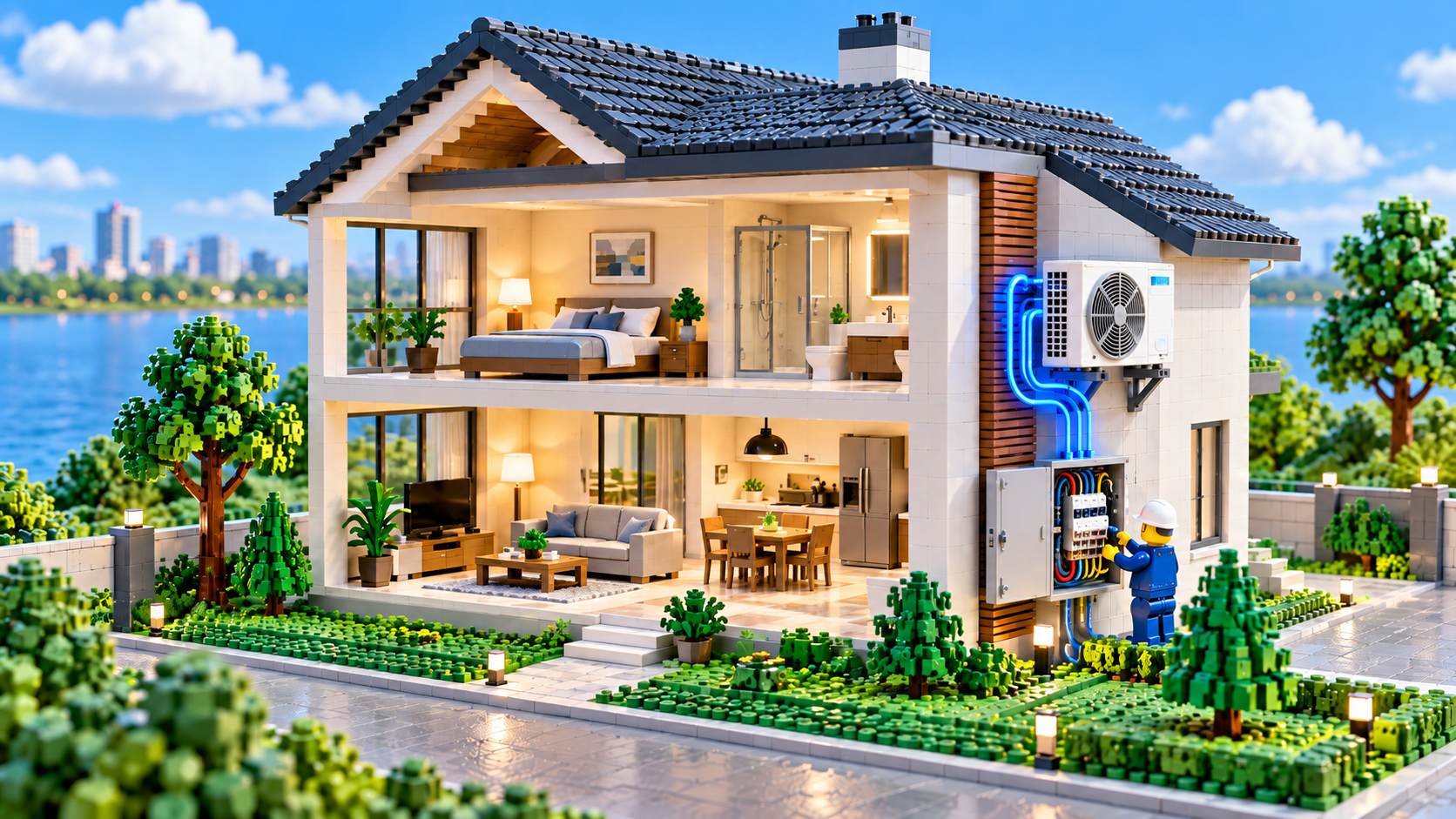 Casa em miniatura representando climatização e elétrica residencial